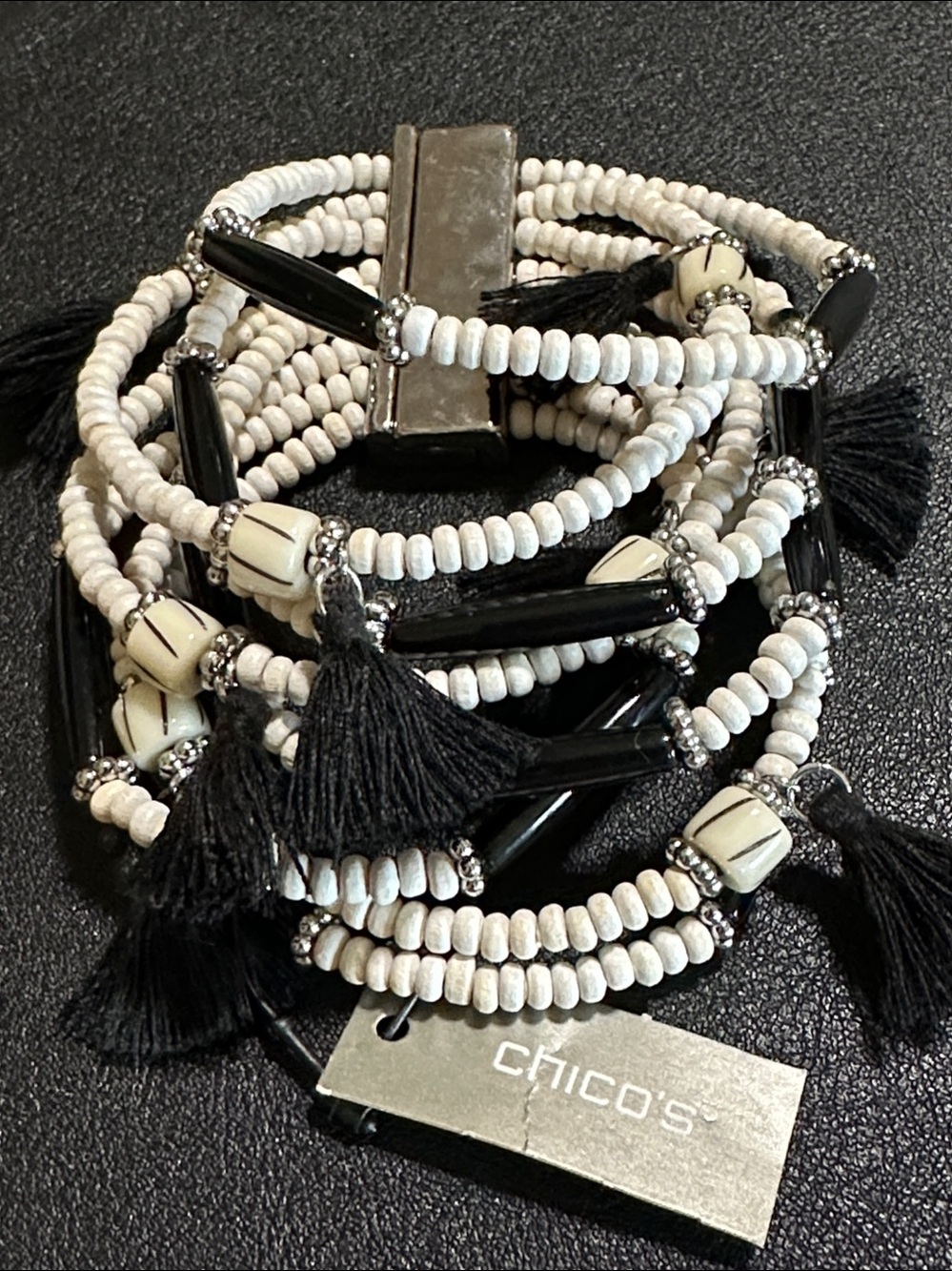2017 Chico’s Statement Wood, Resin & Black Tassel Silver Tone Bracelet